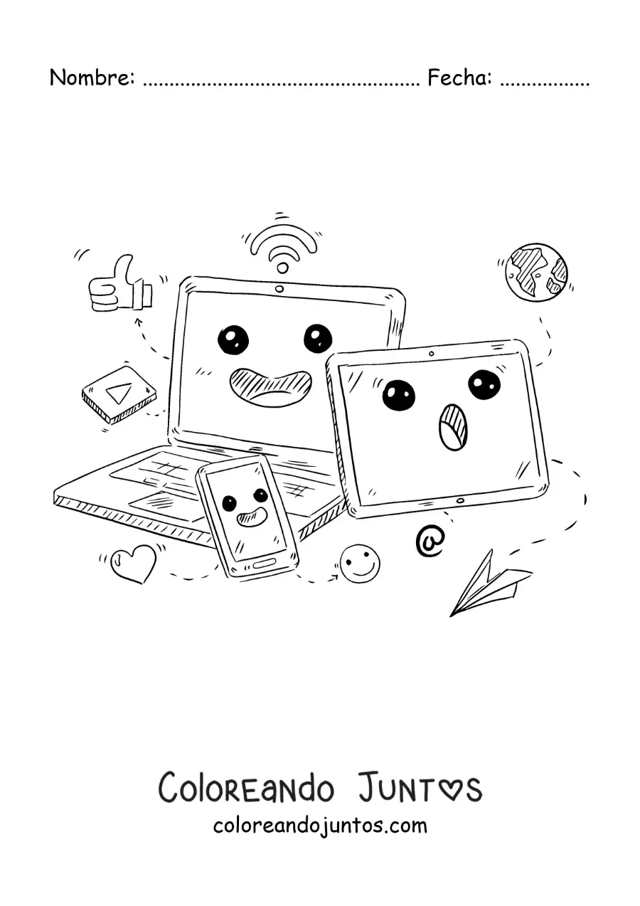 Imagen para colorear de una laptop, un teléfono y una tablet kawaii conectados al internet