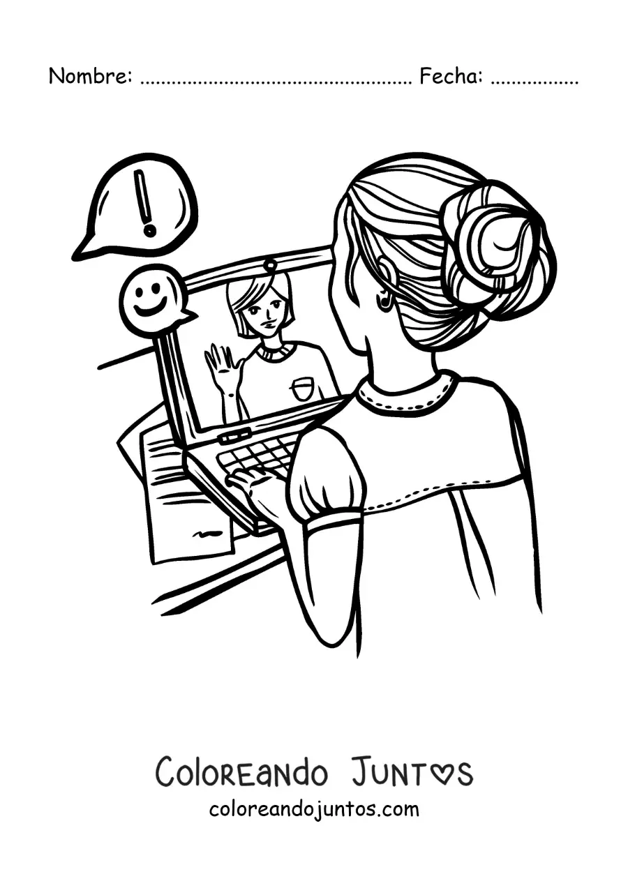 Imagen para colorear de una niña en una videollamada desde su laptop