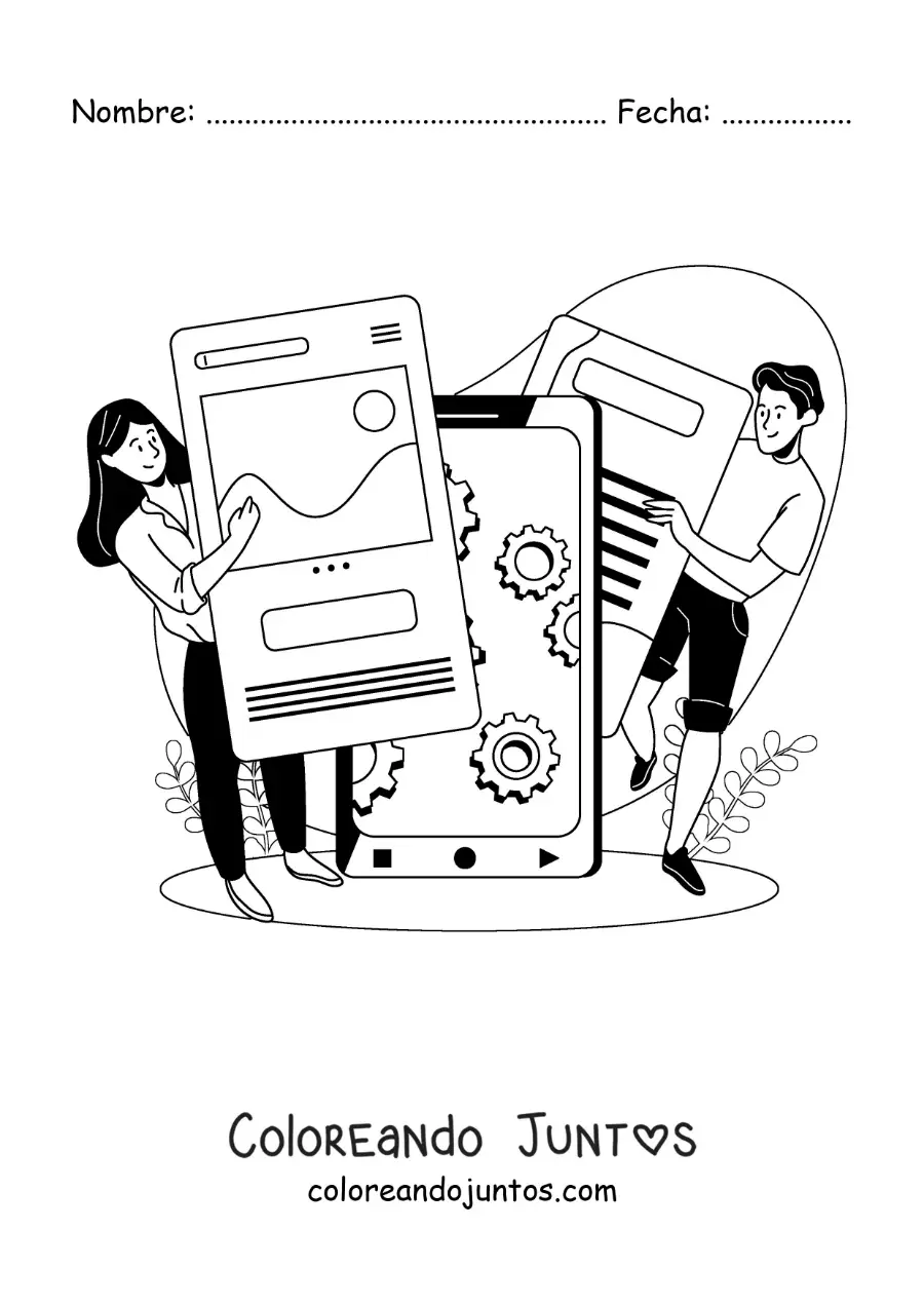 Imagen para colorear de dos jóvenes usando las redes sociales como medio de comunicación