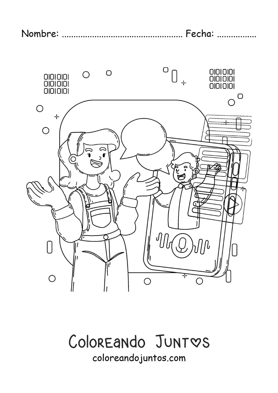 Imagen para colorear de una chica y un chico hablando por videollamada en el teléfono