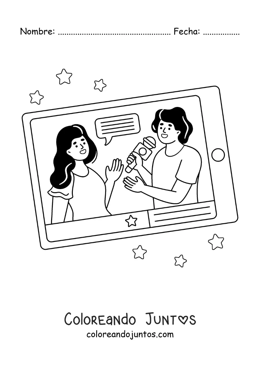 Imagen para colorear de una entrevista periodística en la pantalla de una tablet