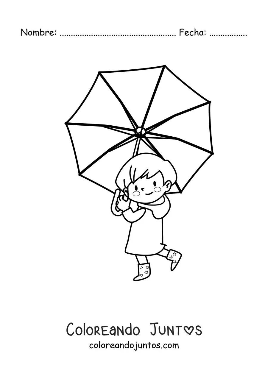 Imagen para colorear de una niña kawaii sonriendo con una sombrilla