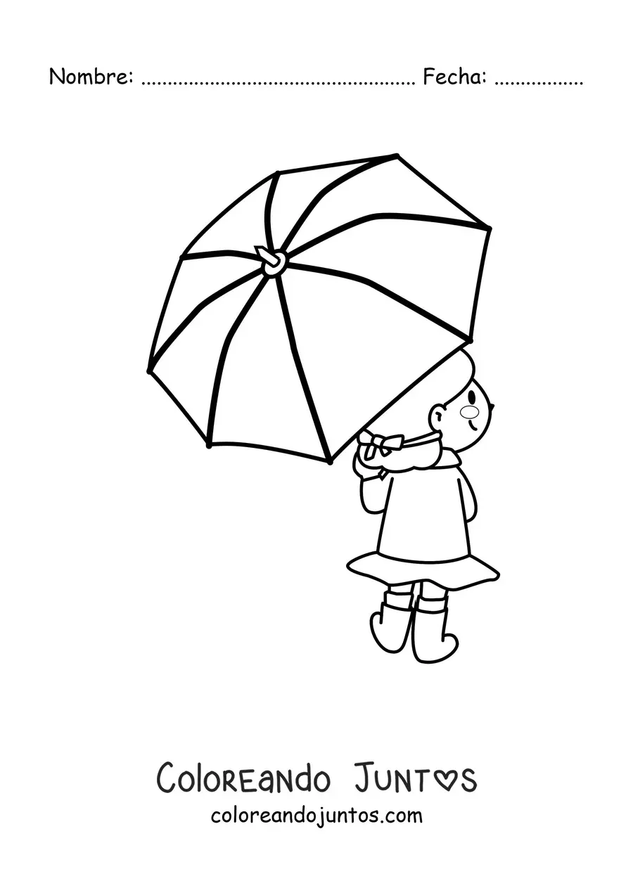 Imagen para colorear de una niña kawaii de espaldas sujetando una sombrilla
