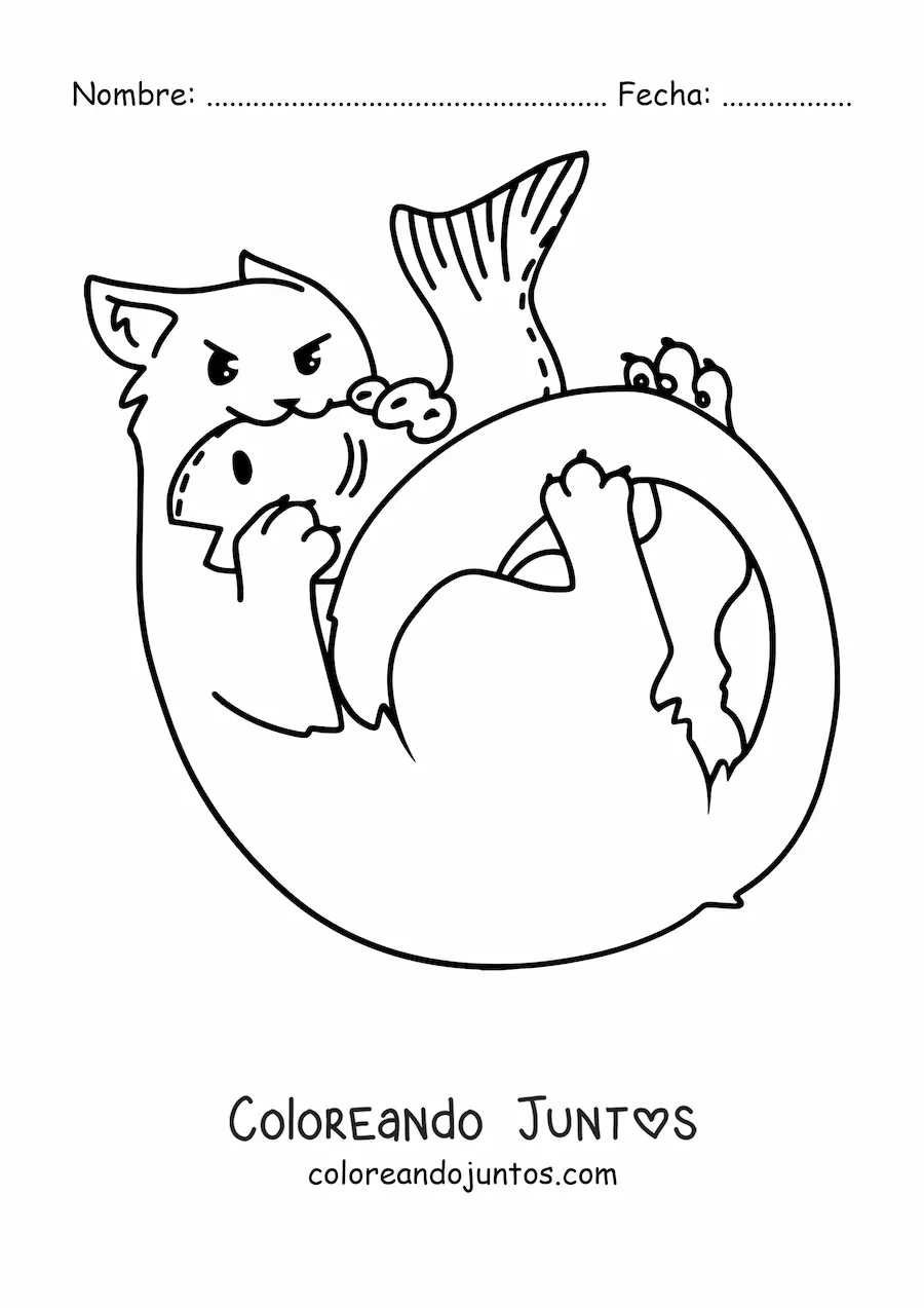 Imagen para colorear de un gato comiendo un pescado