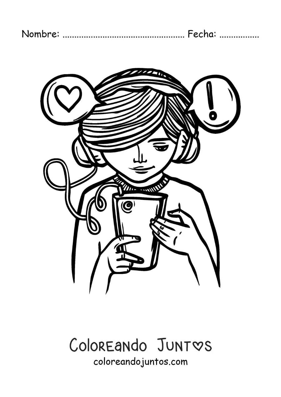 Imagen para colorear de una chica enviando mensajes desde su teléfono