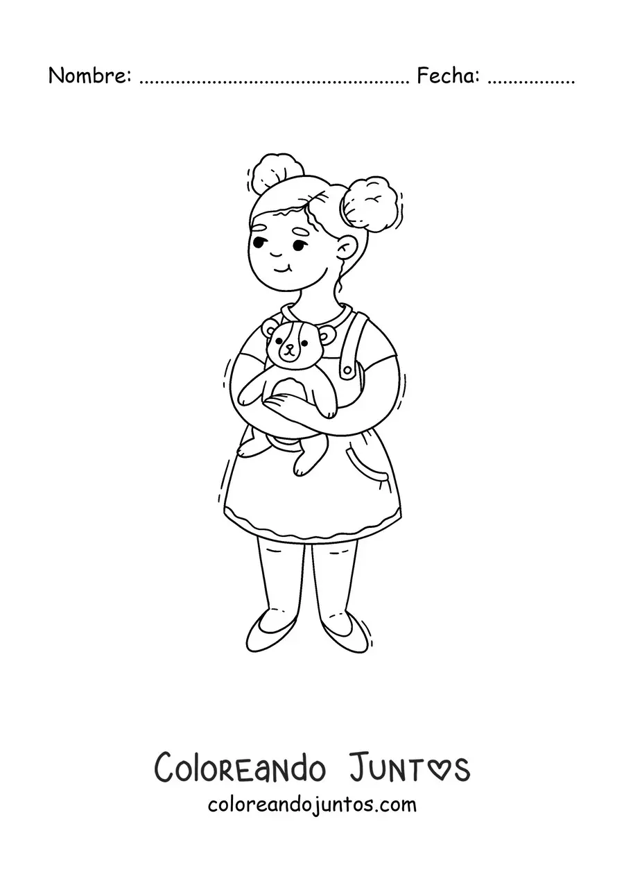 Imagen para colorear de una niña sujetando un oso de peluche