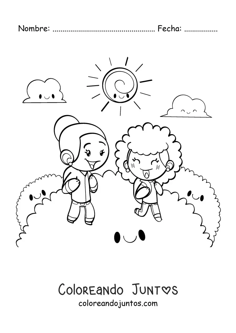 Imagen para colorear de dos niñas felices de paseo por el campo