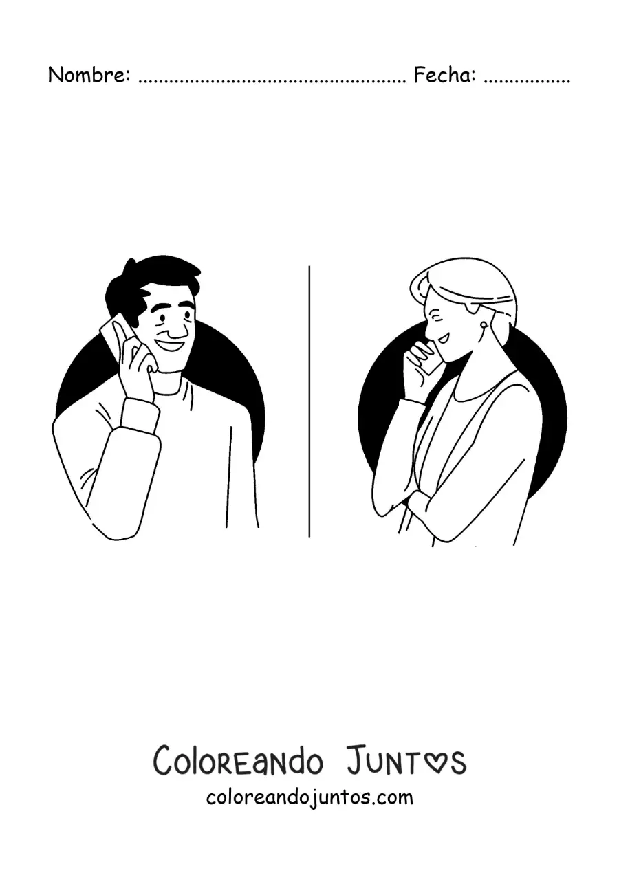 Imagen para colorear de un hombre y su madre hablando por teléfono