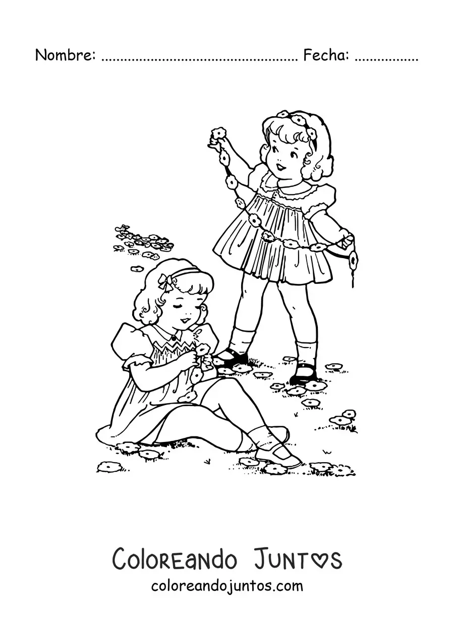 Imagen para colorear de dos niñas recogiendo flores