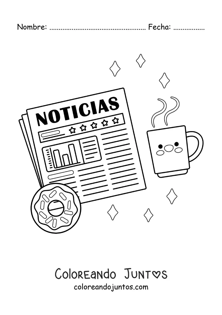 Imagen para colorear de un periódico con una dona y un café animado kawaii
