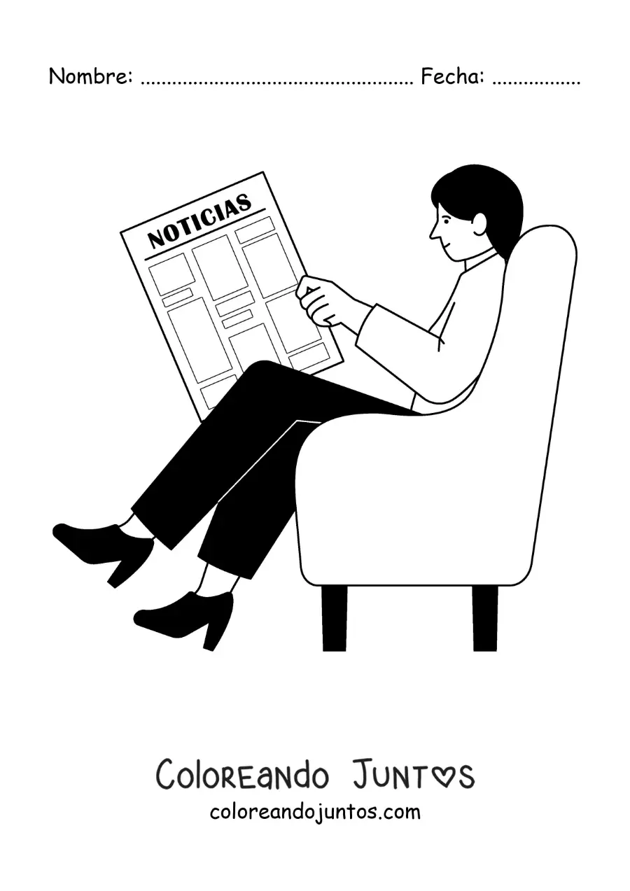 Imagen para colorear de una chica sentada en el sofá leyendo las noticias del periódico
