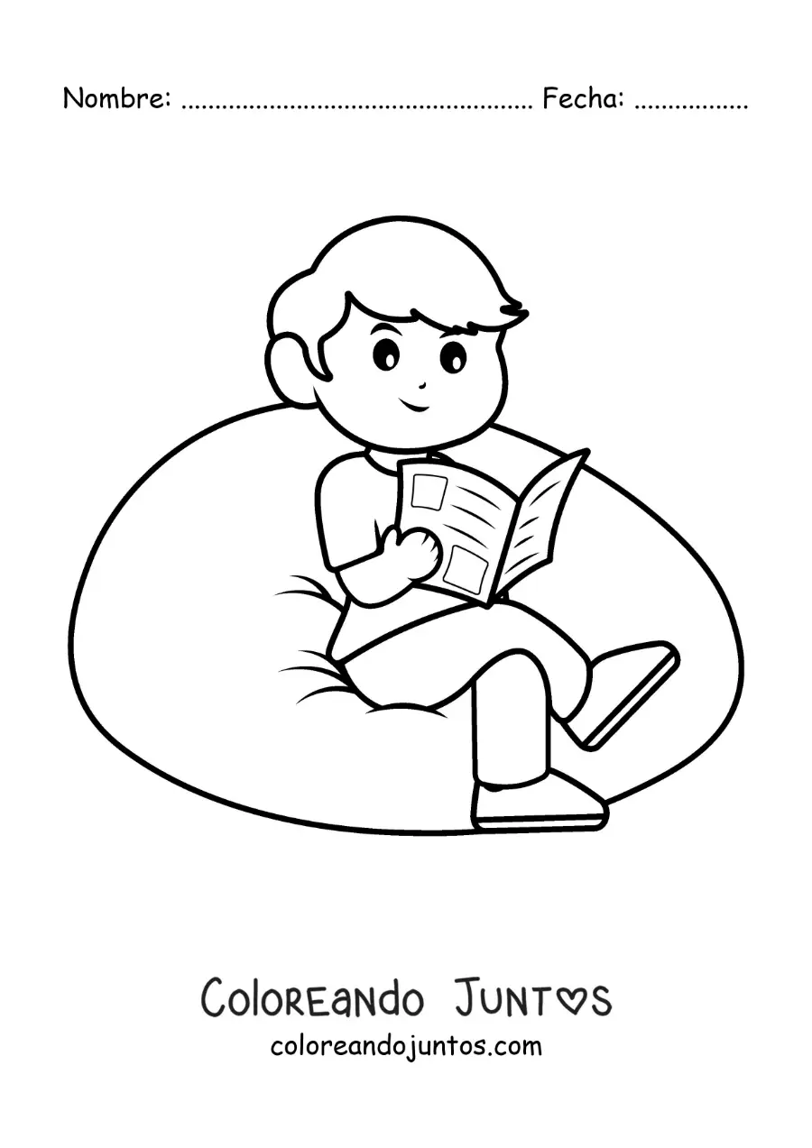 Imagen para colorear de un niño animado sentado leyendo el periódico