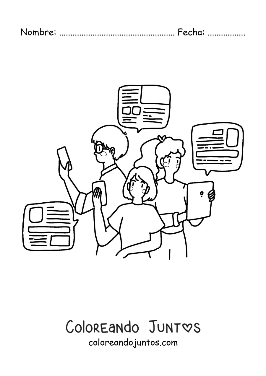 Imagen para colorear de un grupo de jóvenes leyendo las noticias por internet