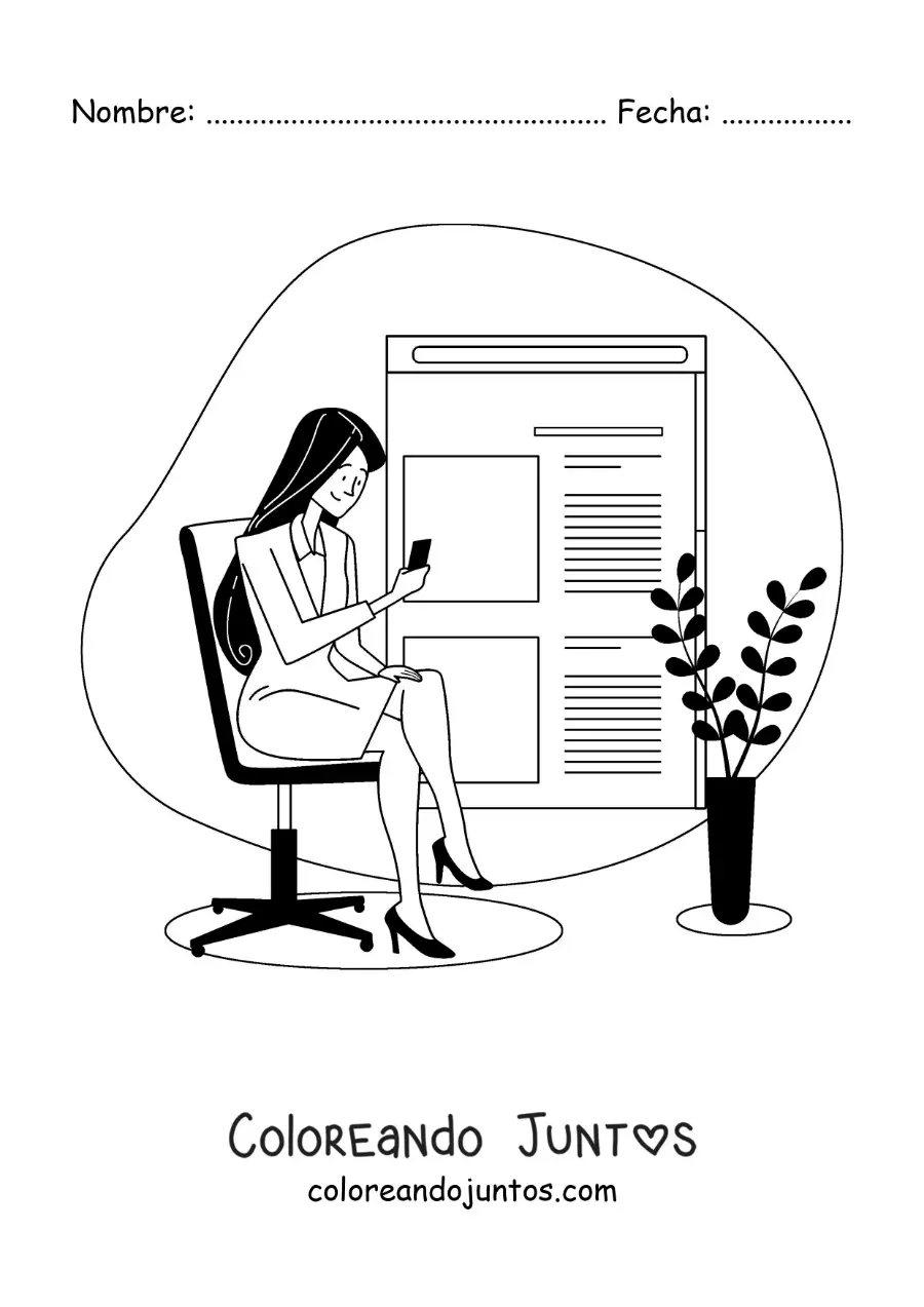 Imagen para colorear de una mujer sentada leyendo las noticias en su teléfono