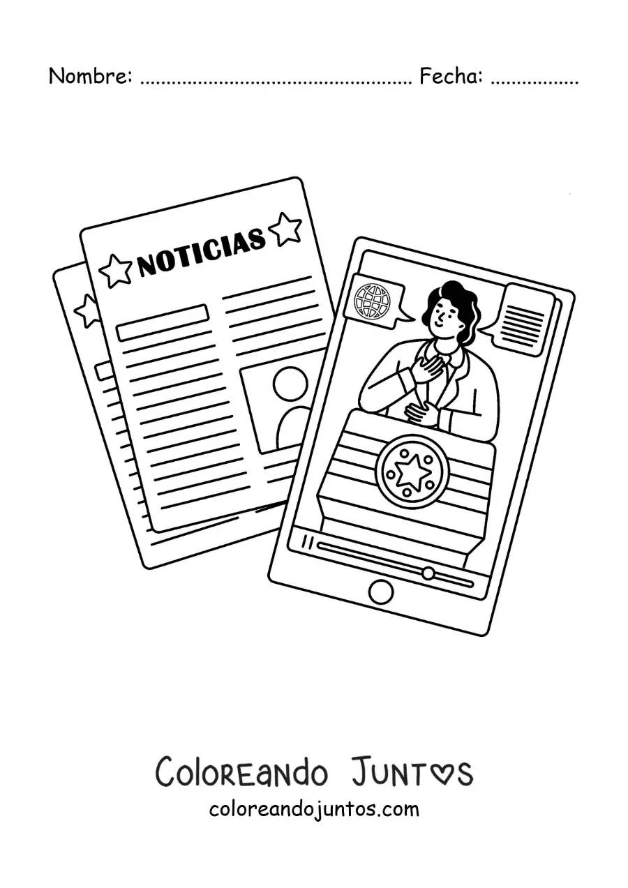 Imagen para colorear de un periódico junto a un teléfono que muestra las noticias