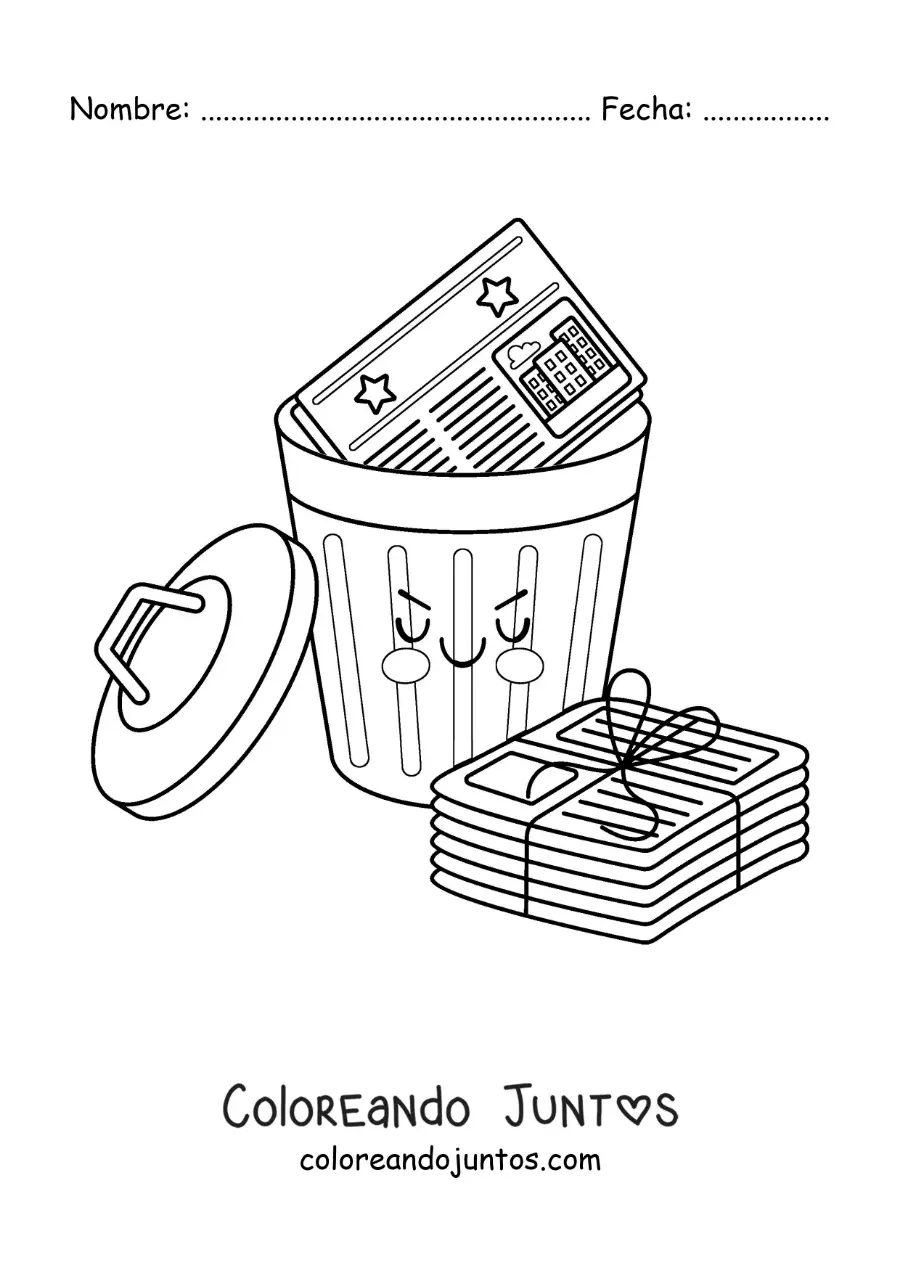 Imagen para colorear de varios periódicos en una papelera animada