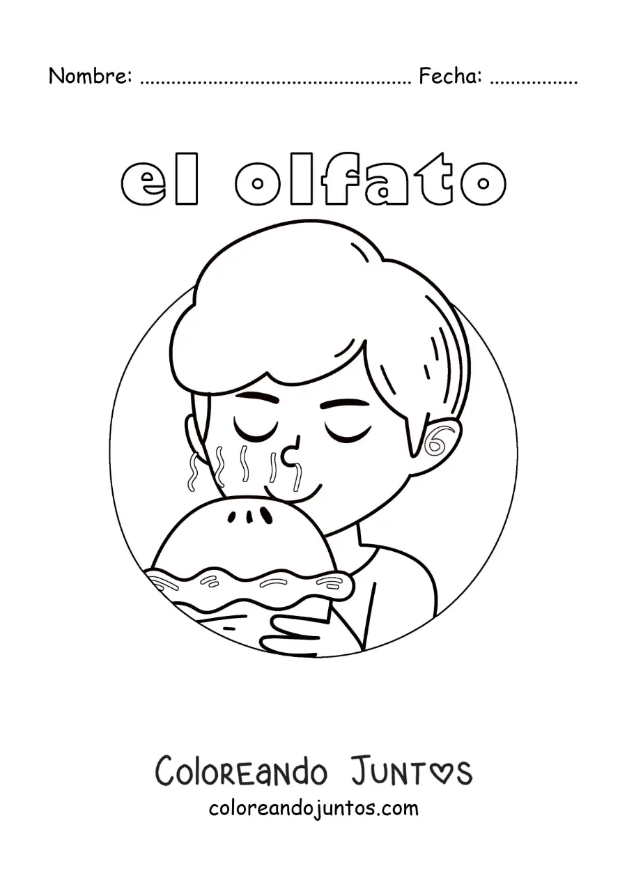Imagen para colorear de un niño oliendo un pie recién salido del horno