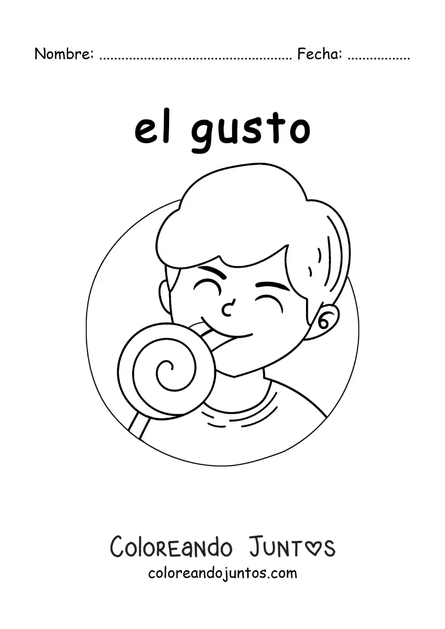 Imagen para colorear de un niño saboreando un dulce con el sentido del gusto