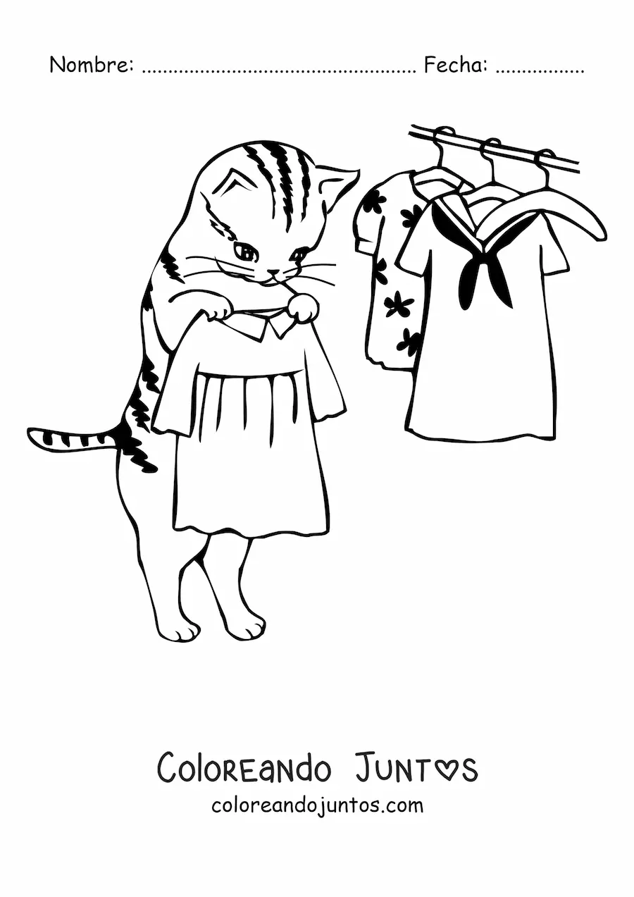Imagen para colorear de un gato animado sosteniendo un vestido junto a otros vestidos