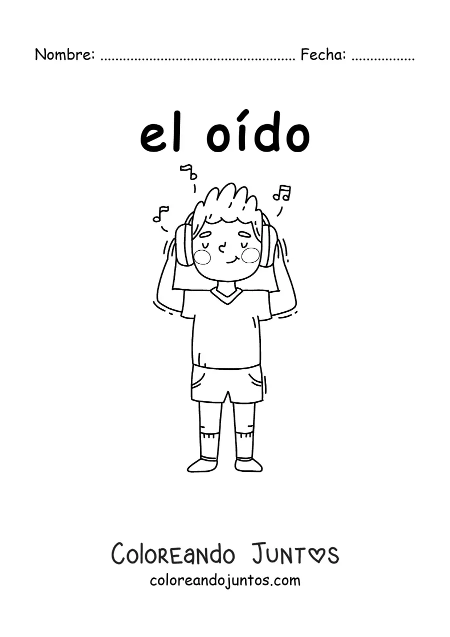Imagen para colorear de un niño animado escuchando música con sus oídos