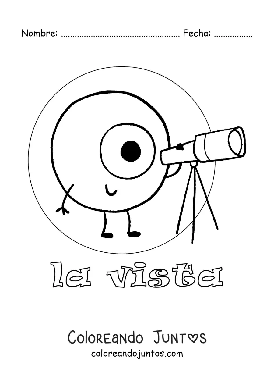 Imagen para colorear de un ojo animado viendo a través de un telescopio