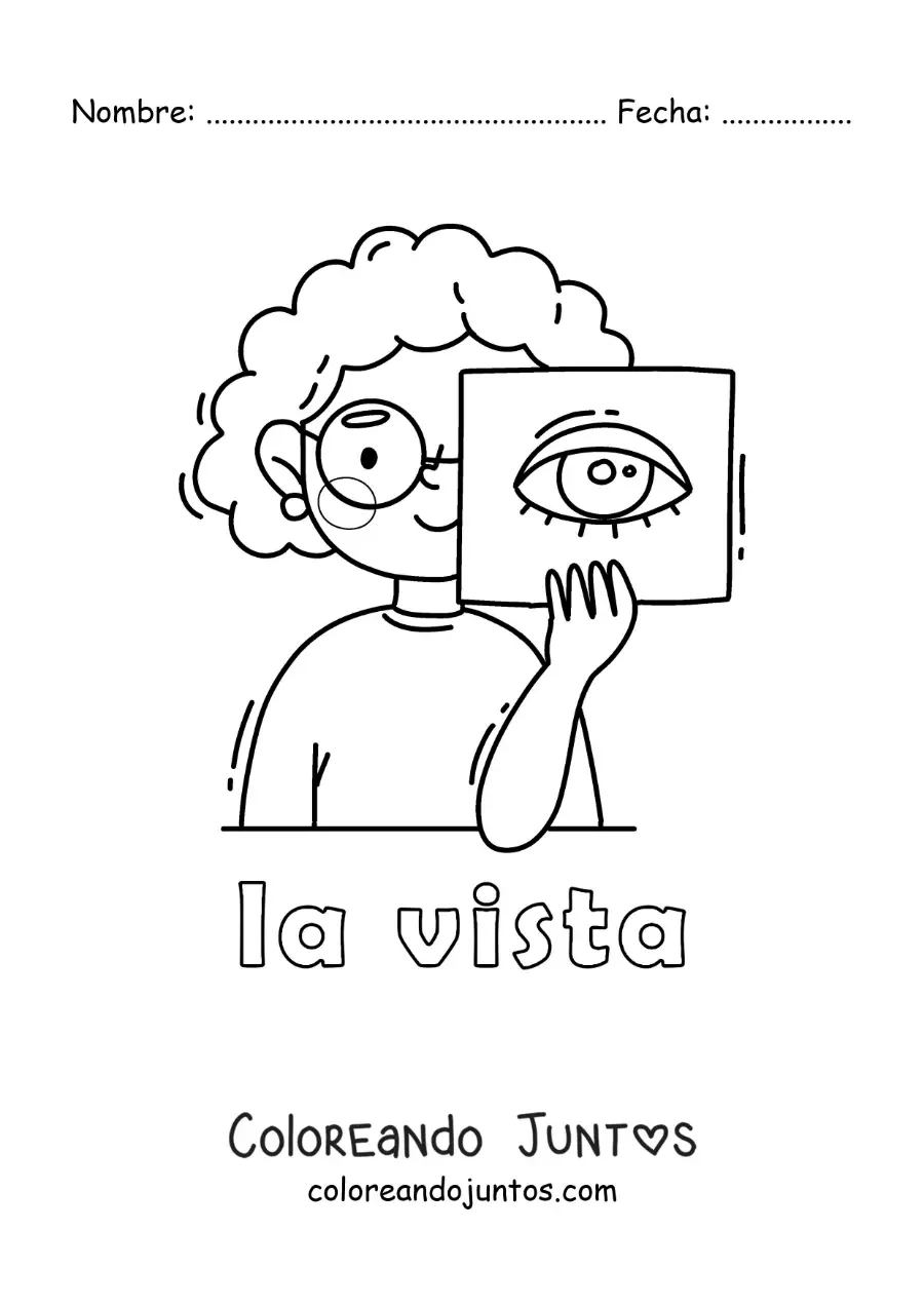 Imagen para colorear de una niña mostrando su ojo con el texto "la vista"