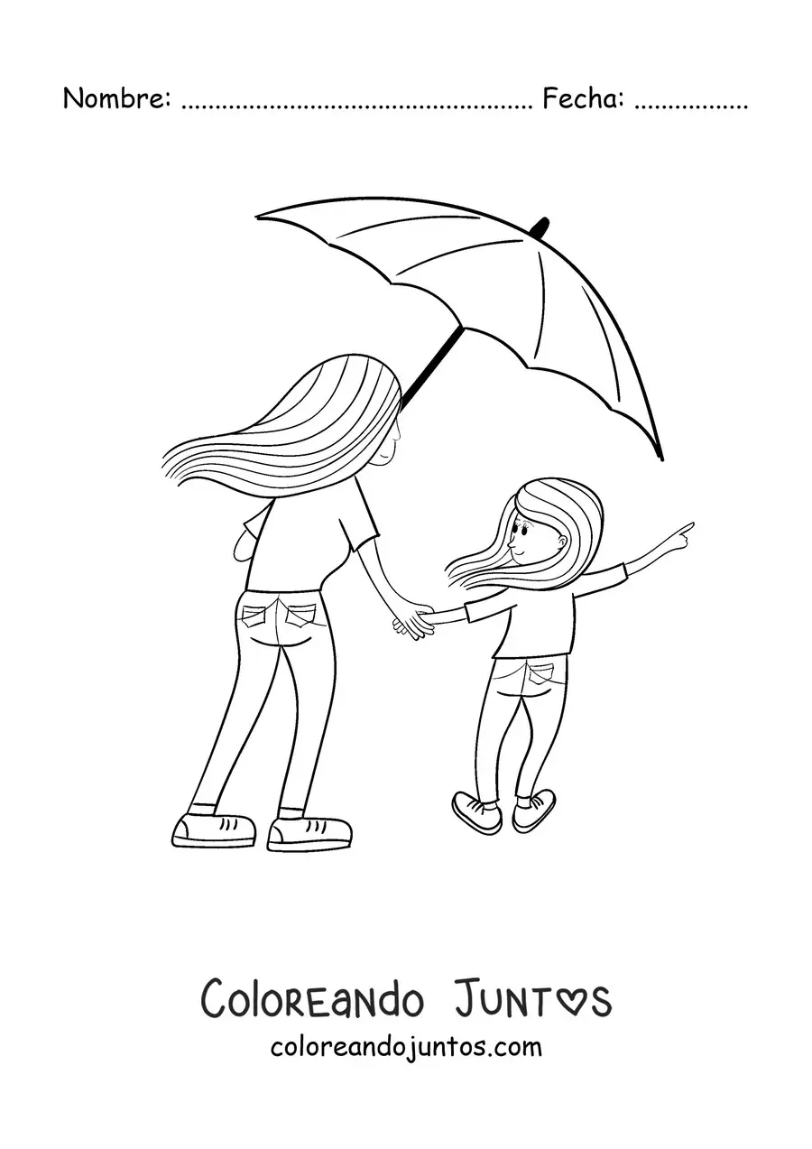 Imagen para colorear de una madre y su hija juntas compartiendo una sombrilla