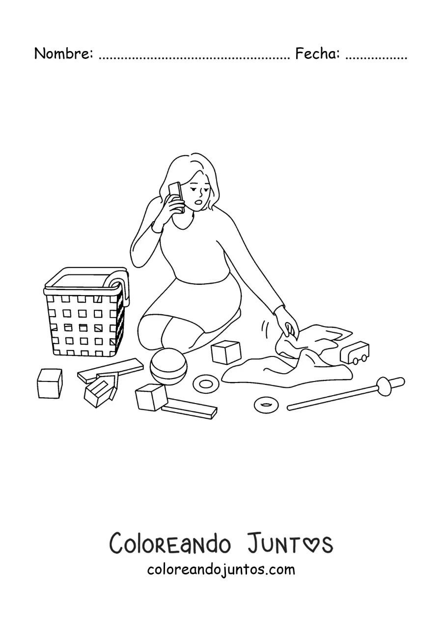 Imagen para colorear de una madre recogiendo los juguetes de su hijo