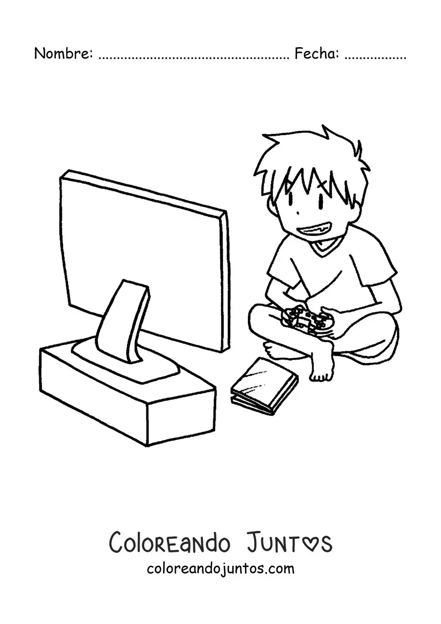 Imagen para colorear de un niño sentado jugando videojuegos