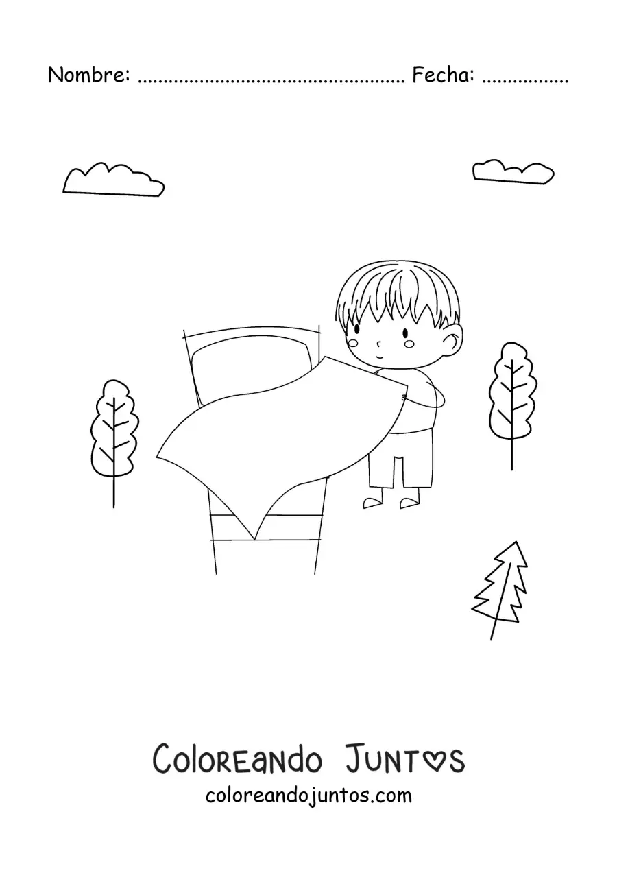 Imagen para colorear de una niña haciendo la cama en la mañana
