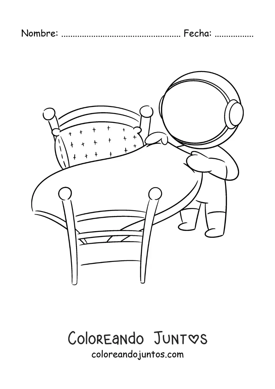 Imagen para colorear de un astronauta animado haciendo la cama