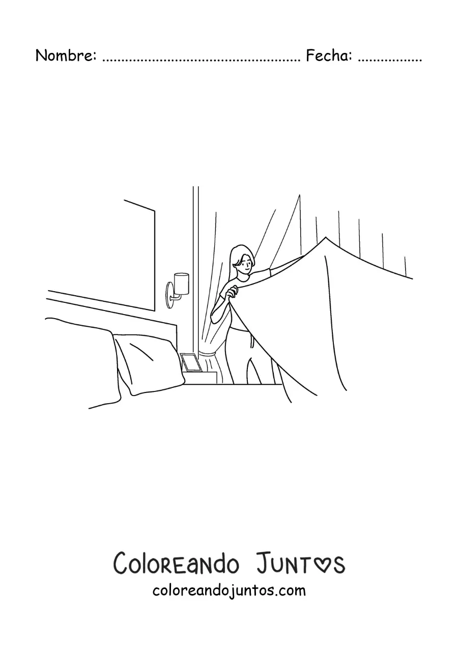 Imagen para colorear de una mujer tendiendo la cama en su habitación