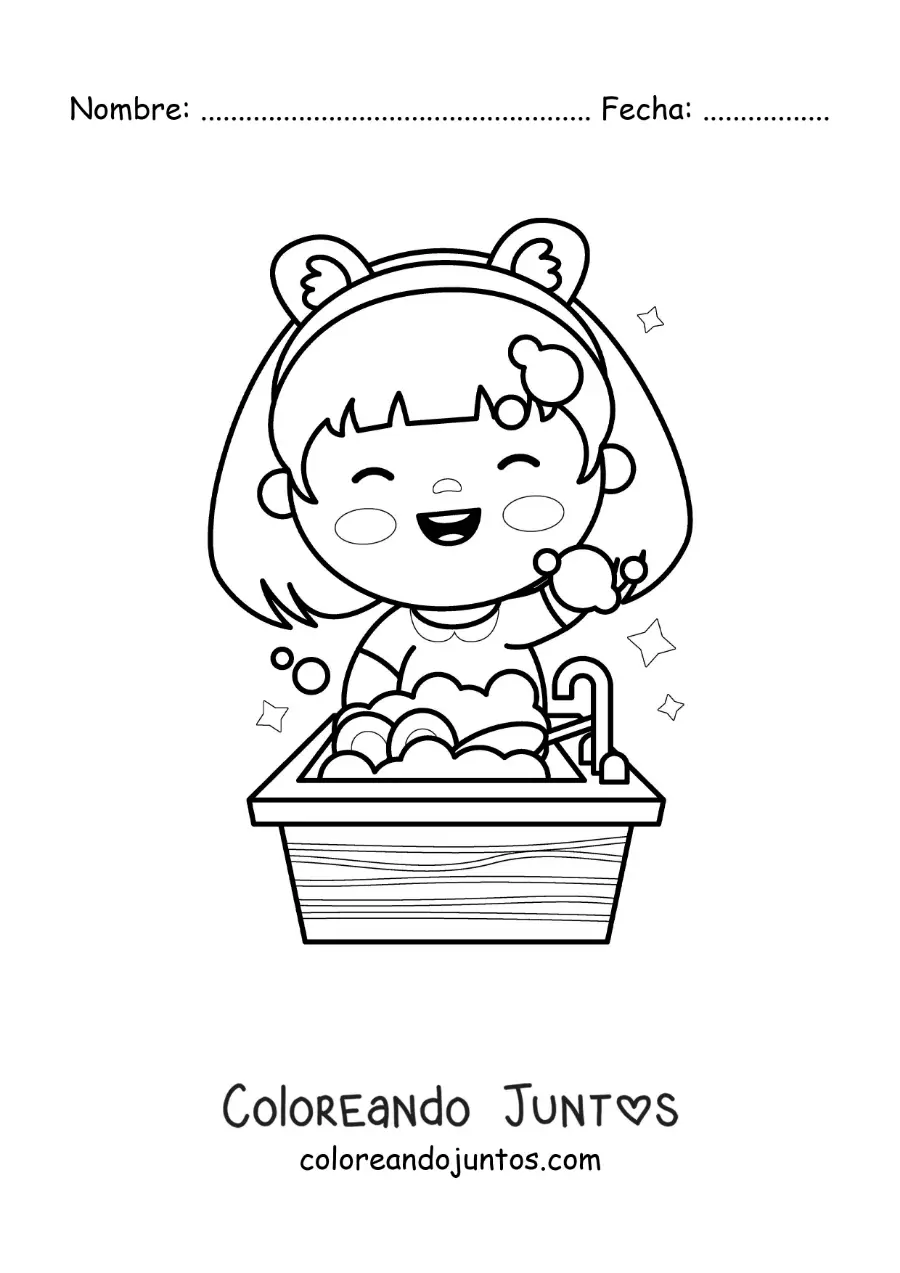Imagen para colorear de una niña kawaii fregando los platos en el fregadero