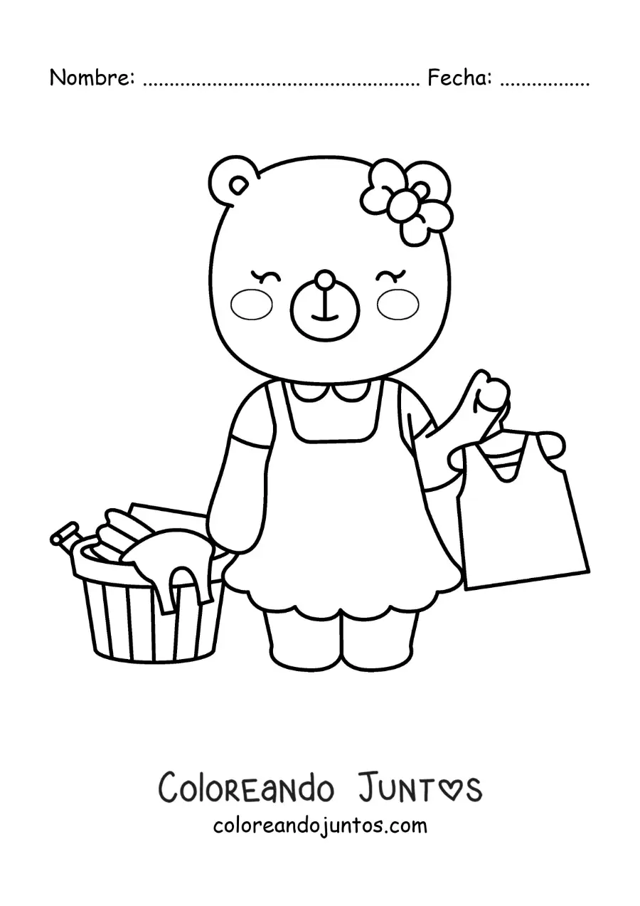Imagen para colorear de una osa animada colgando la ropa limpia