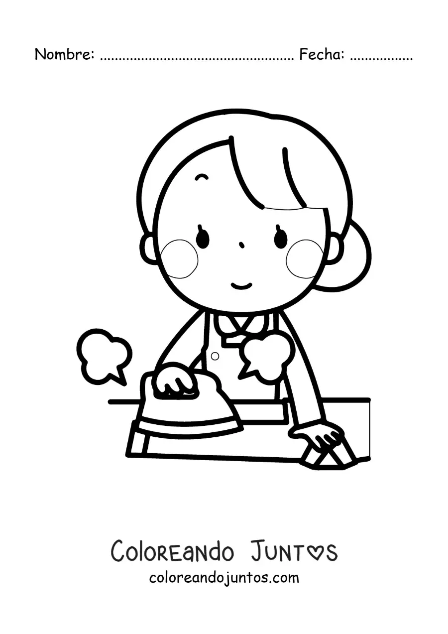 Imagen para colorear de una mujer kawaii planchando una camisa