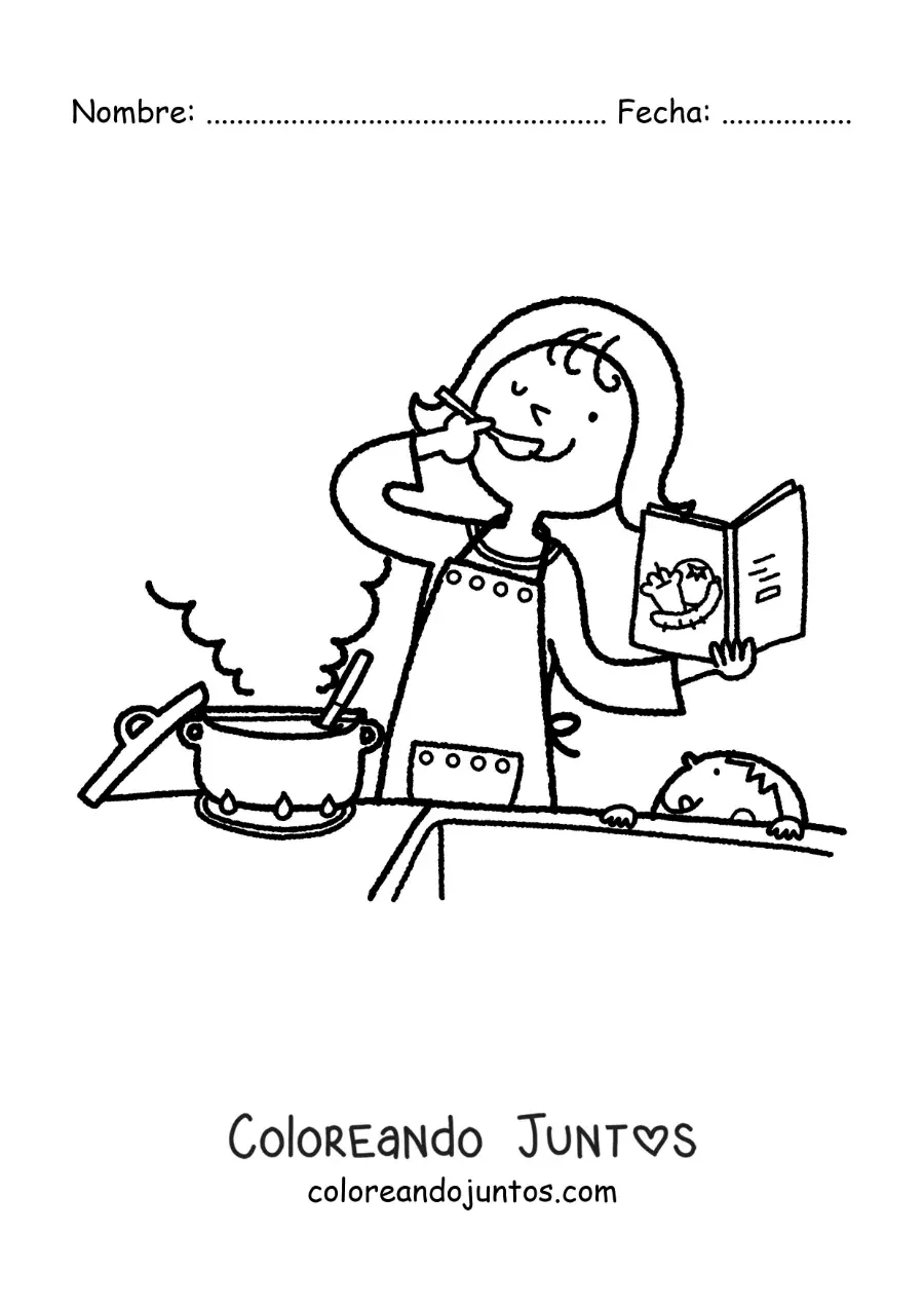 Imagen para colorear de una madre cocinando una receta junto a su hijo