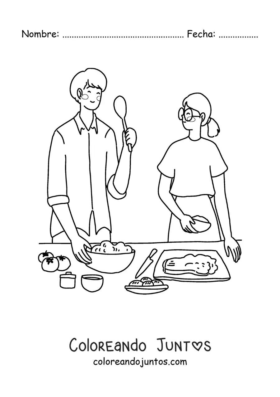 Imagen para colorear de una pareja cocinando juntos