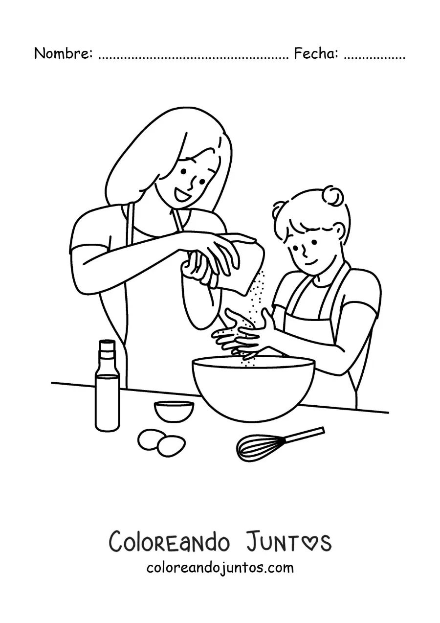 Imagen para colorear de una madre cocinando junto a su hija