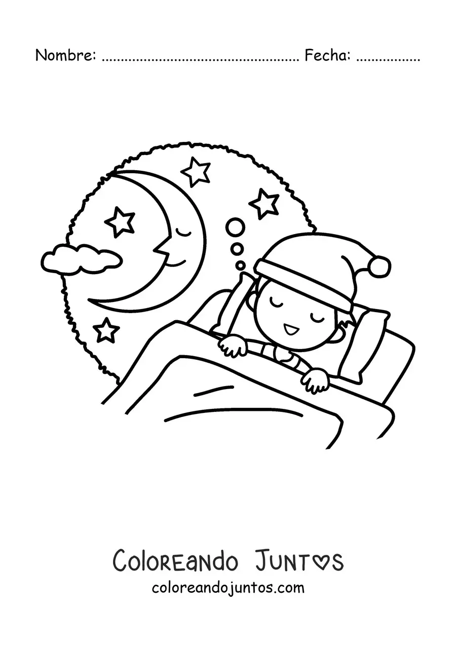 Imagen para colorear de un niño durmiendo con la Luna sonriendo