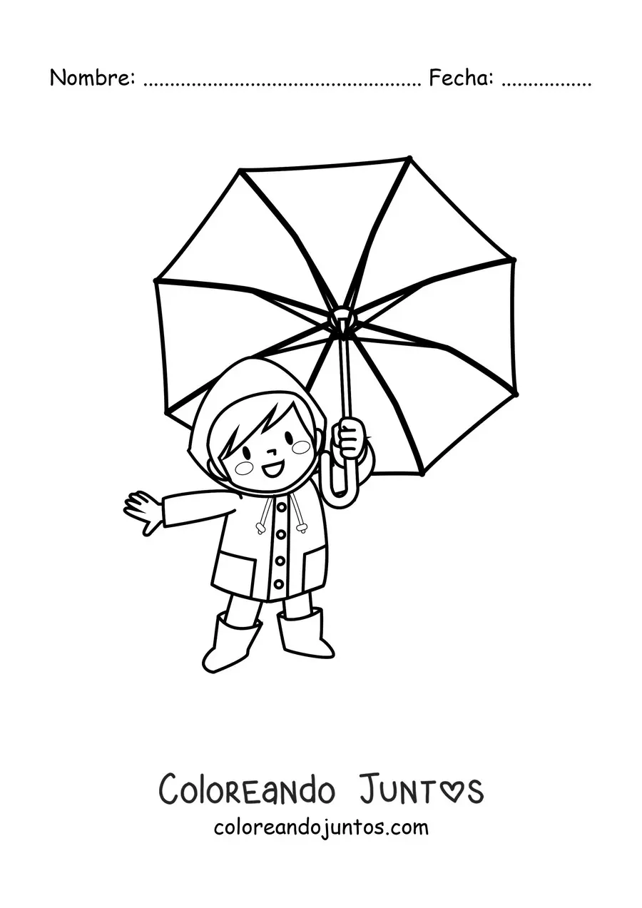 Imagen para colorear de un niño kawaii sujetando una sombrilla