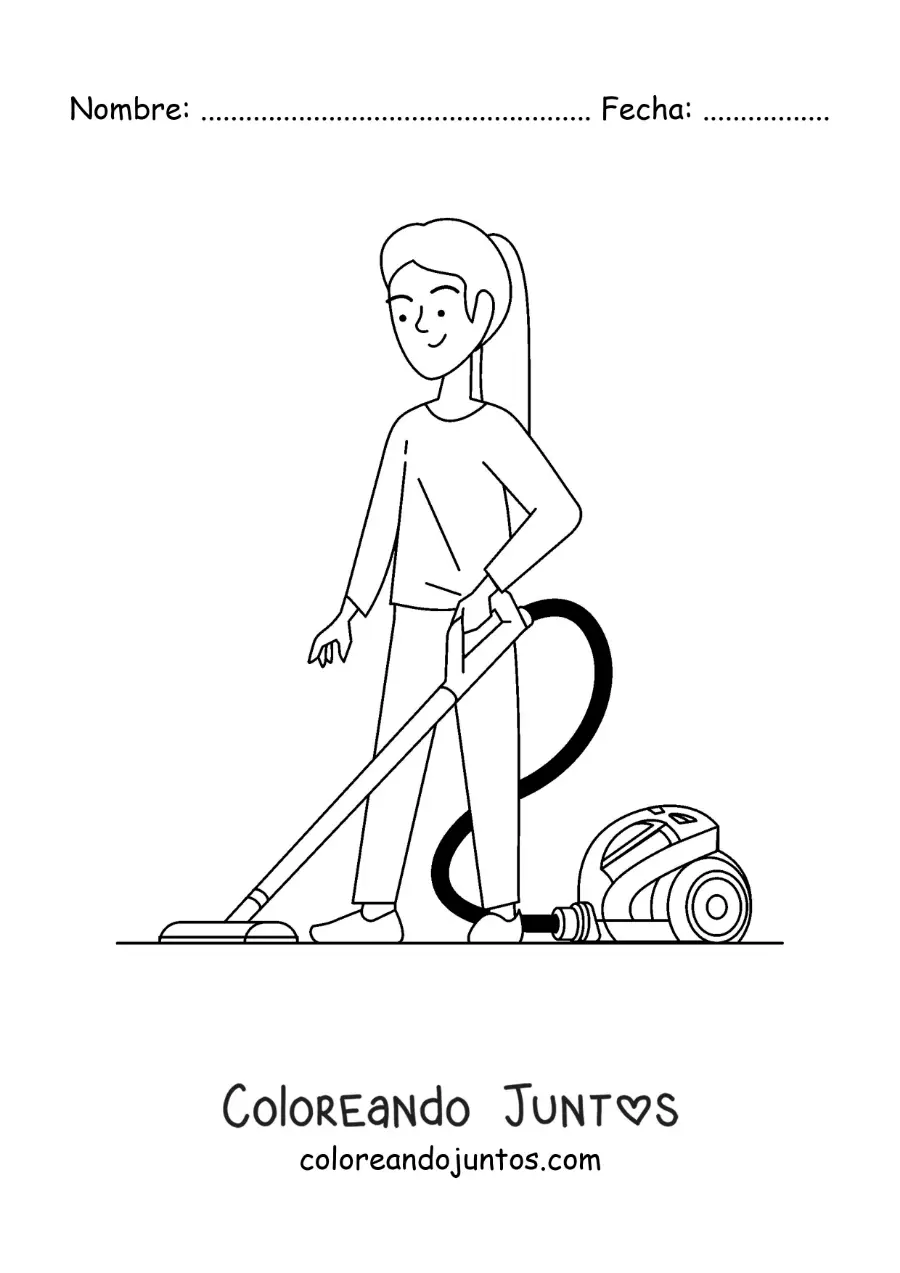 Imagen para colorear de una chica aspirando el polvo en casa