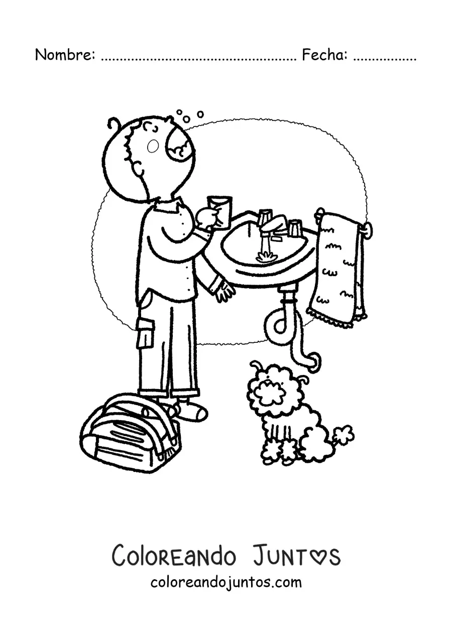 Imagen para colorear de un niño usando enjuague bucal al llegar del colegio