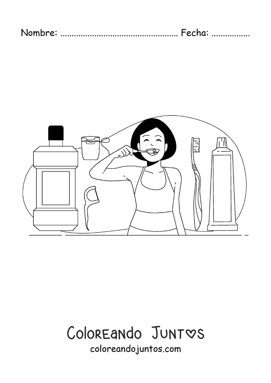 Imagen para colorear de una chica cepillando sus dientes con enjuague bucal e hilo