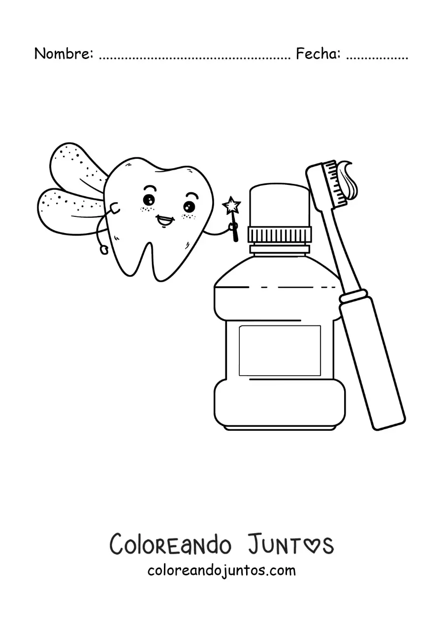 Imagen para colorear de el hada de los dientes junto a la pasta dental y el enjuague