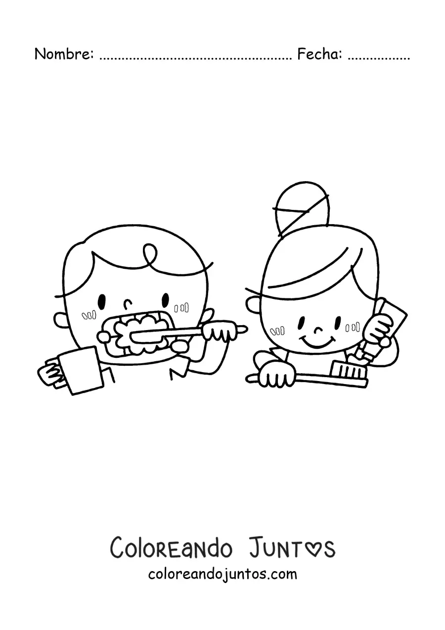 Imagen para colorear de una niña y un niño cepillando sus dientes