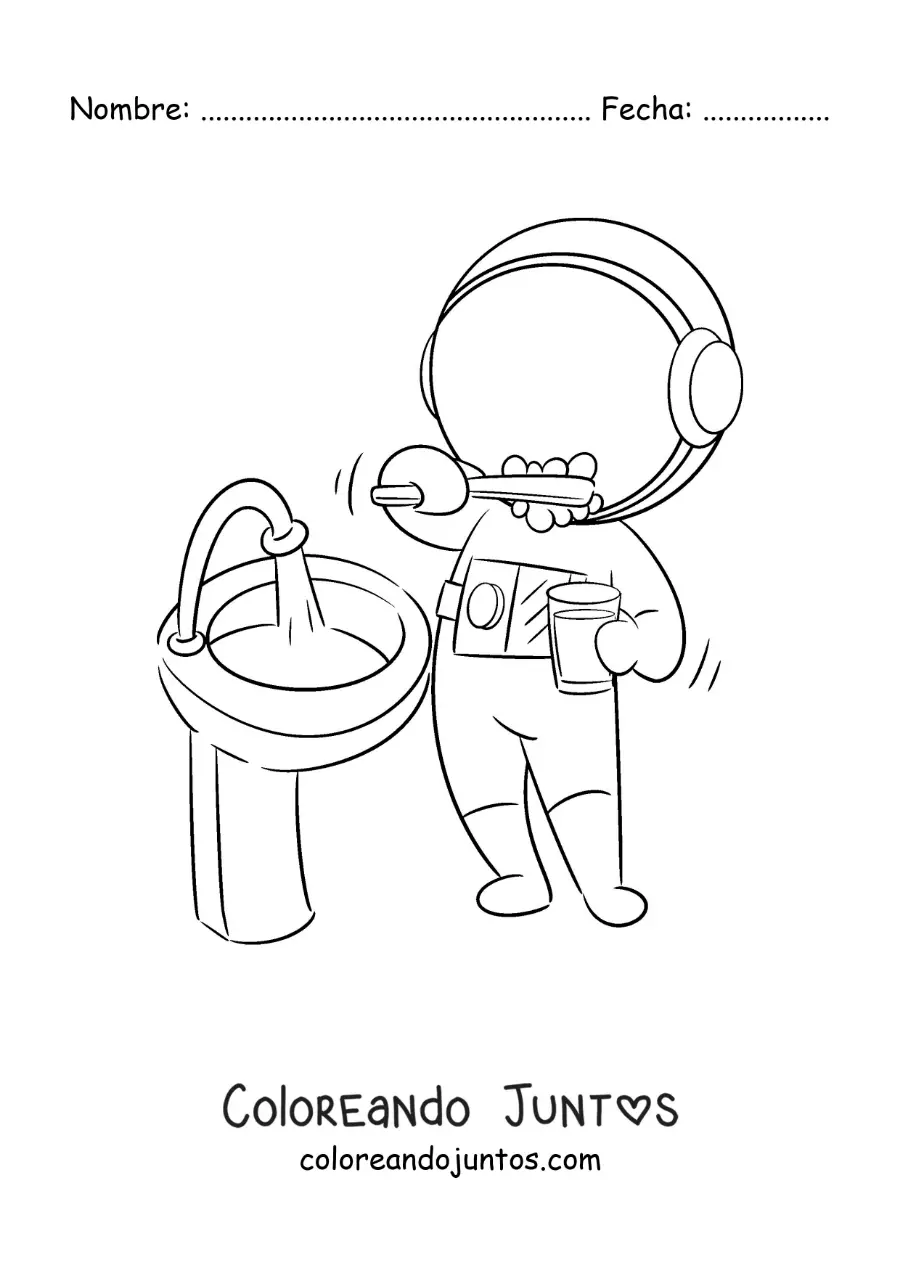 Imagen para colorear de un astronauta animado cepillando sus dientes