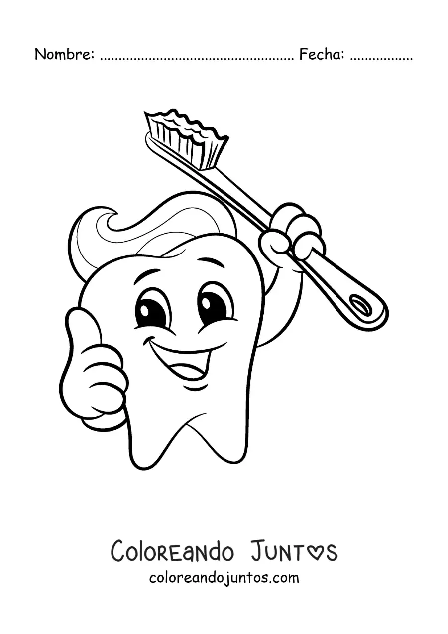 Imagen para colorear de una caricatura de un diente animado con un cepillo de dientes