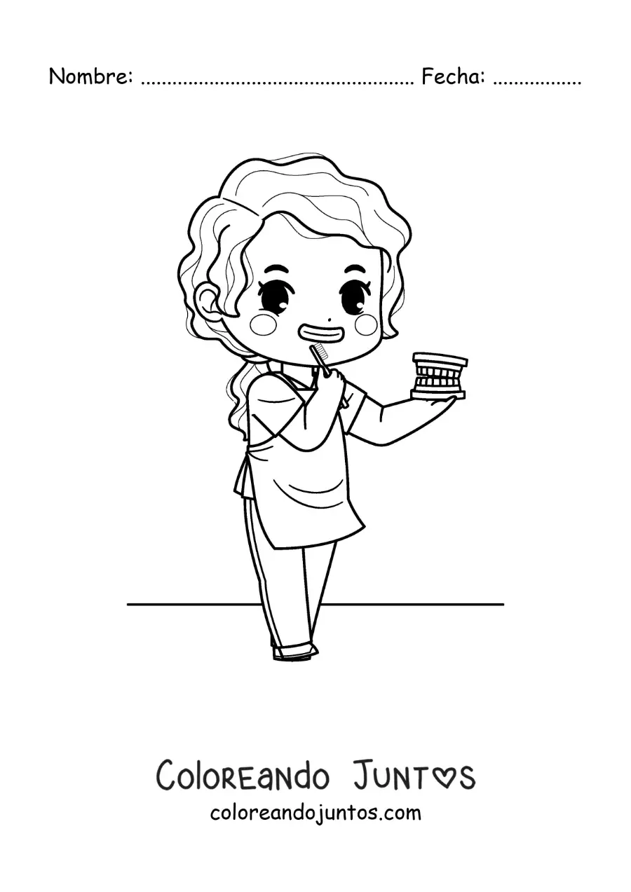 Imagen para colorear de una odontólogo kawaii cepillándose los dientes