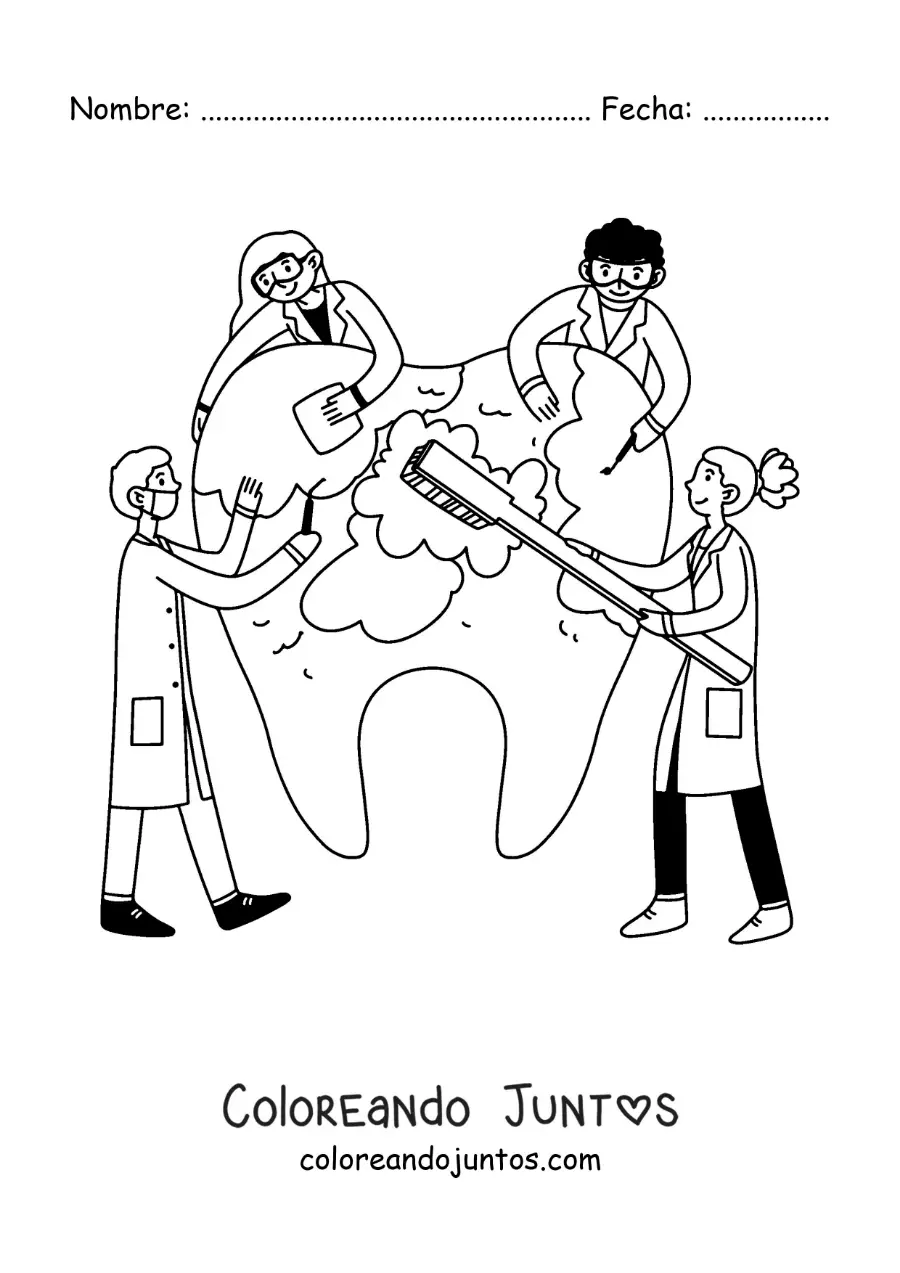 Imagen para colorear de un grupo de odontólogos cepillando un diente gigante