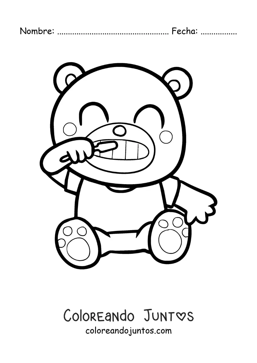 Imagen para colorear de un osito kawaii cepillándose los dientes